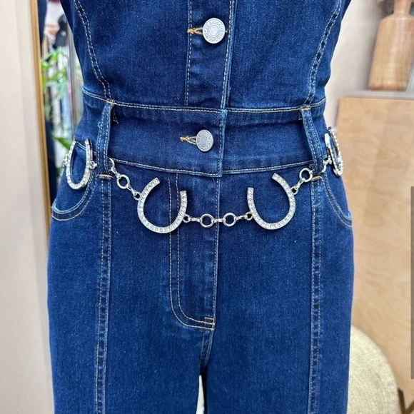 NEW ! WESTERN RHINESTONE HORSESHOE WAIST CONCHO CHAIN BELT - Picture 5 of 8